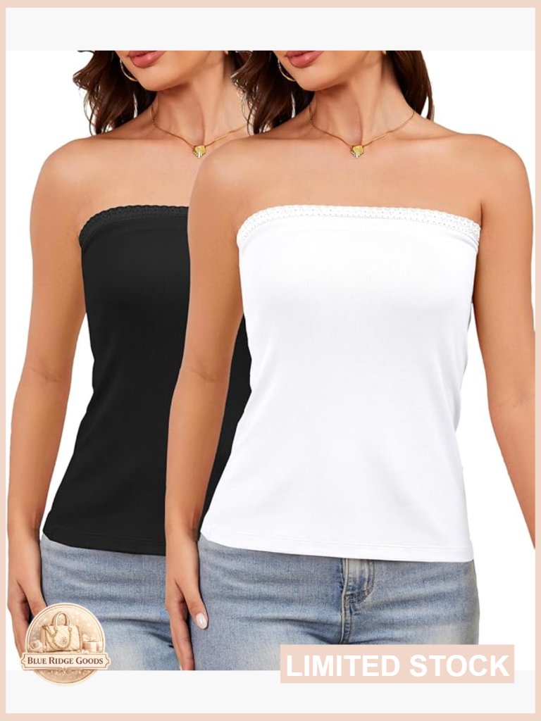 Ribbed Cotton Bandeau Tube Top Slim Fit Lace Trim Undershirt Non Padded